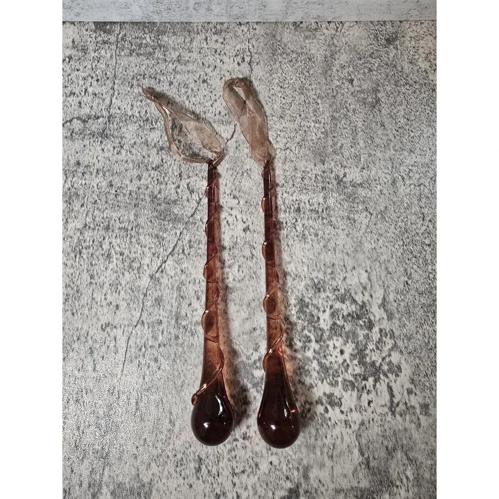 2 Vtg Glass Blown Christmas Ornament Long Teardrop Tear Drop Brown Art Glass
